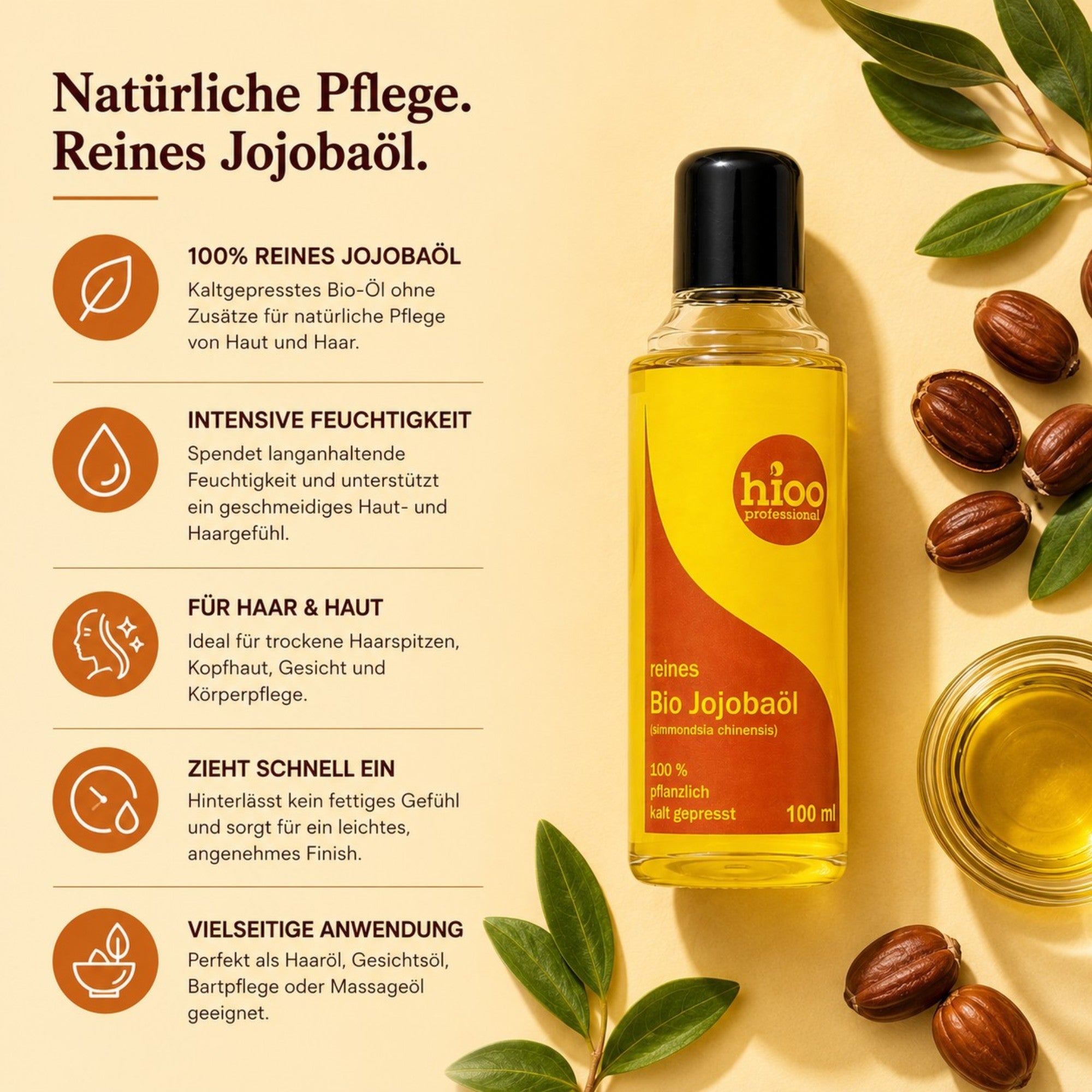 hioo reines Bio JojobaOil, 100ml Flasche