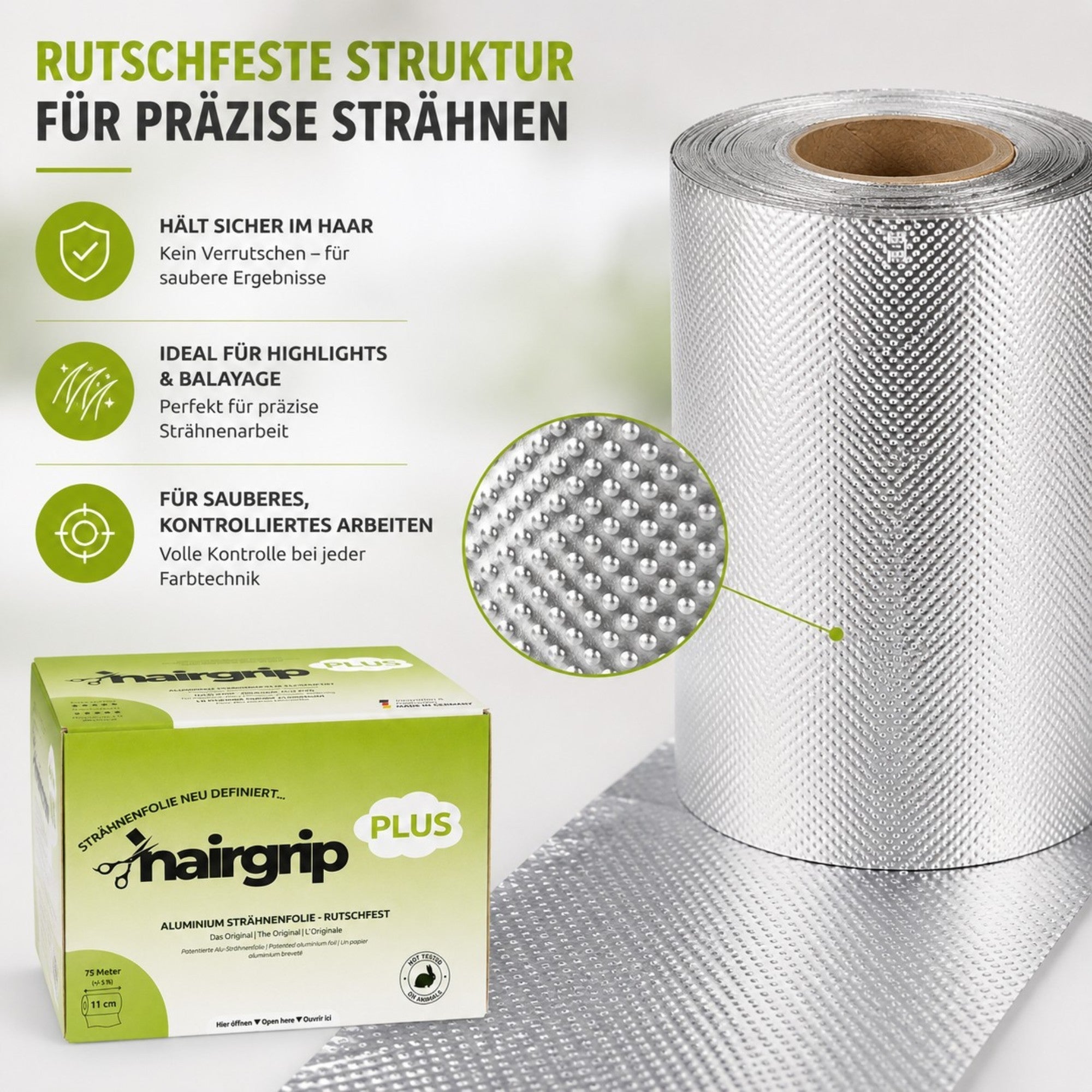 HairGrip PLUS 11cm breit Alu Strähnenfoplie, rutschfest, 11cm breit, für normale Haarlänge und Haarstruktur 75m