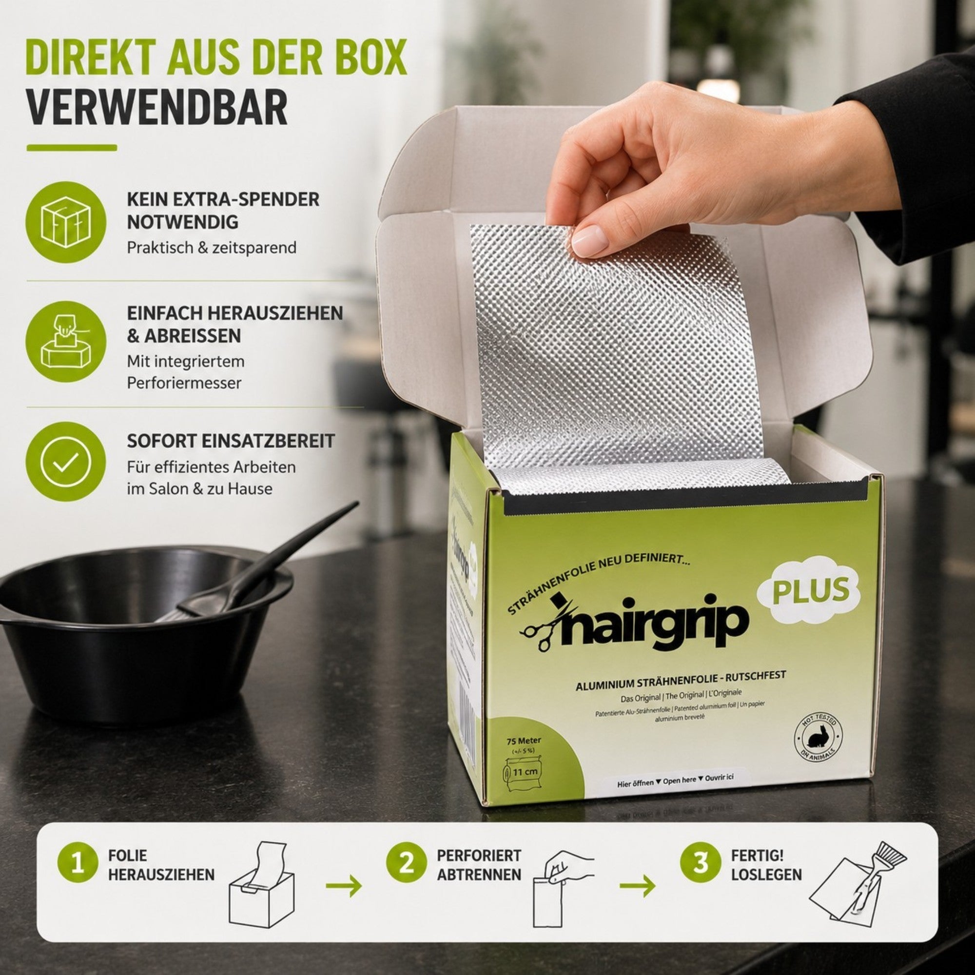 HairGrip PLUS 11cm breit Alu Strähnenfoplie, rutschfest, 11cm breit, für normale Haarlänge und Haarstruktur 75m
