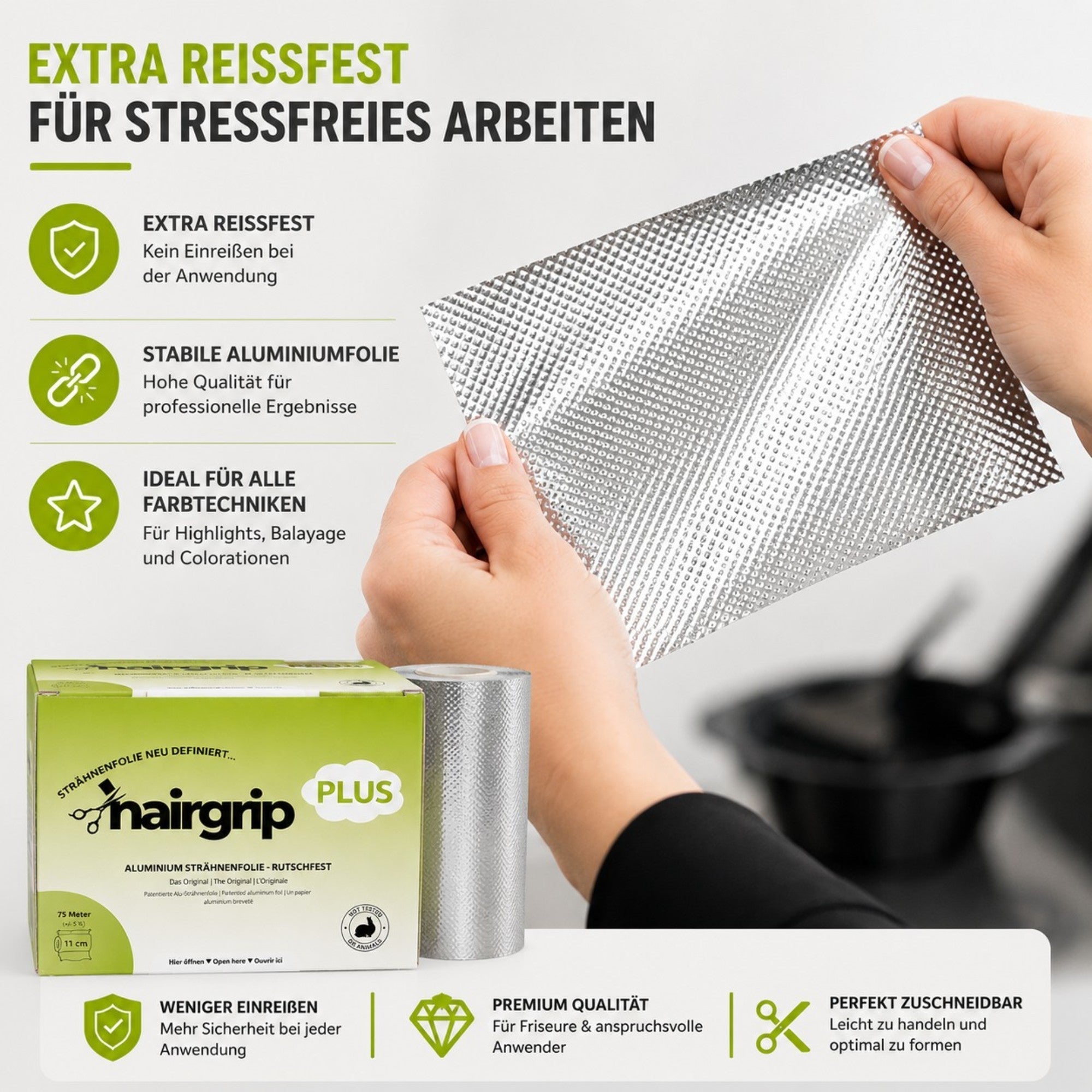 HairGrip PLUS 11cm breit Alu Strähnenfoplie, rutschfest, 11cm breit, für normale Haarlänge und Haarstruktur 75m