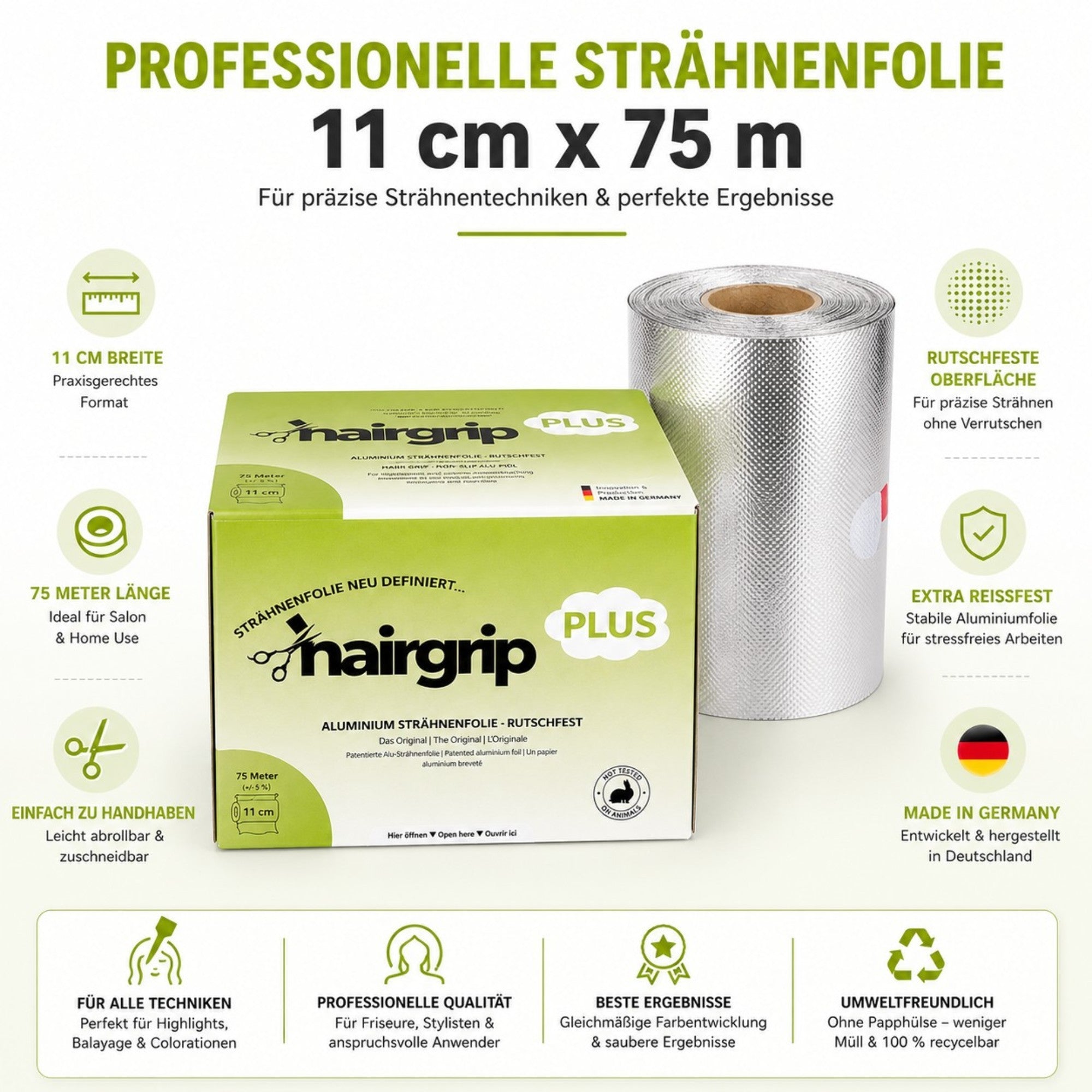 HairGrip PLUS 11cm breit Alu Strähnenfoplie, rutschfest, 11cm breit, für normale Haarlänge und Haarstruktur 75m