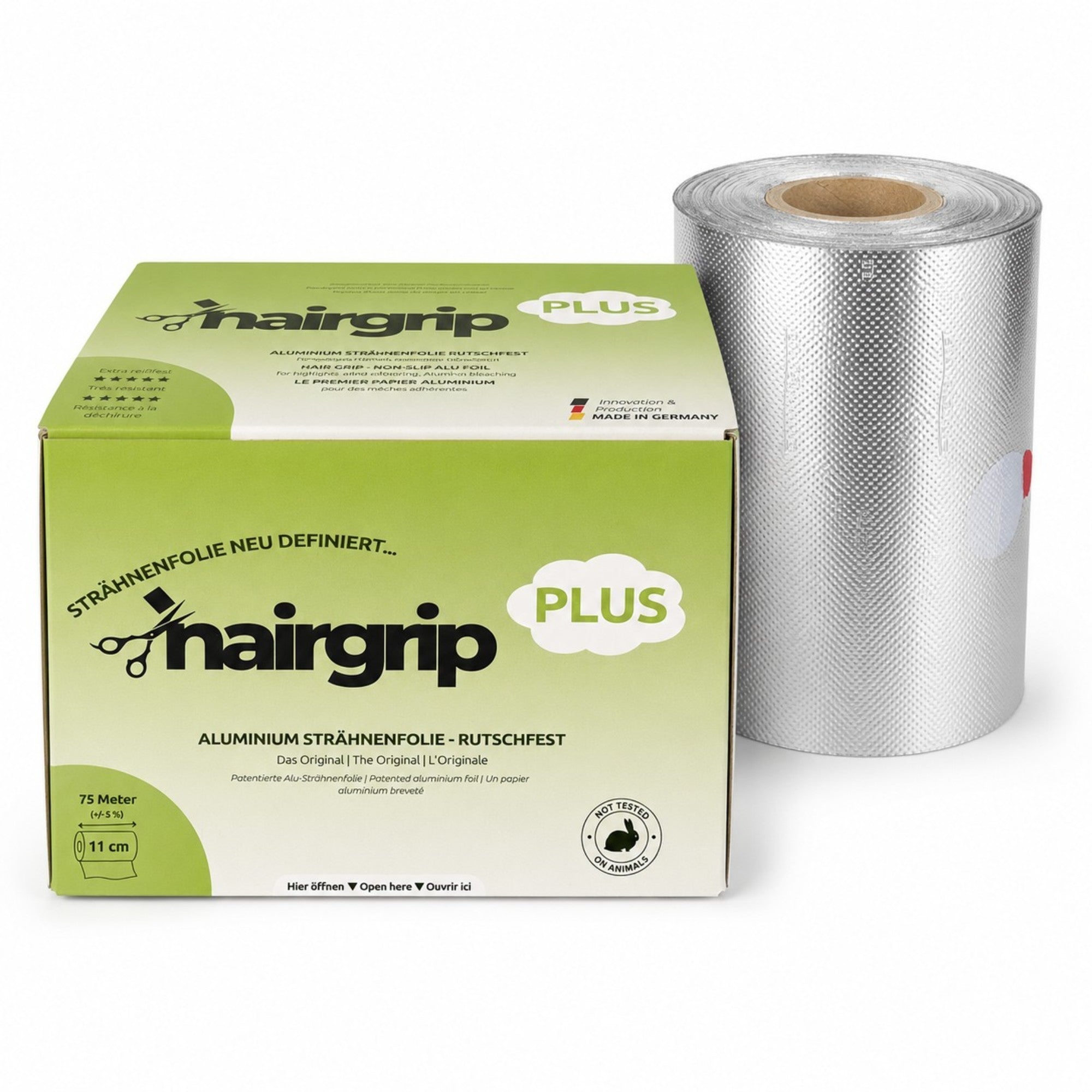 HairGrip PLUS 11cm breit Alu Strähnenfoplie, rutschfest, 11cm breit, für normale Haarlänge und Haarstruktur 75m