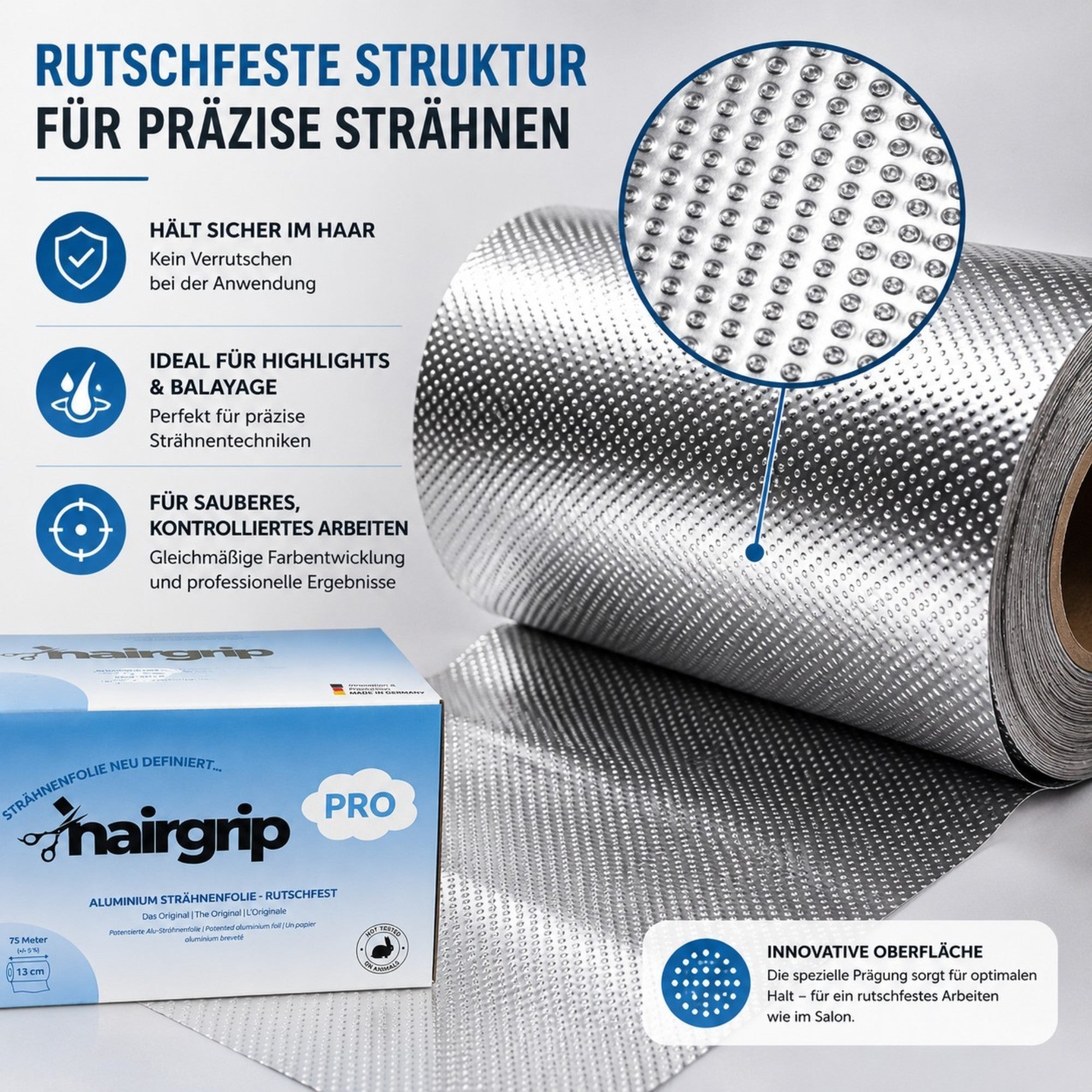 HairGrip PRO 13cm Alu Strähnenfolie, rutschfest, 13cm breit, für langes dickes Haar