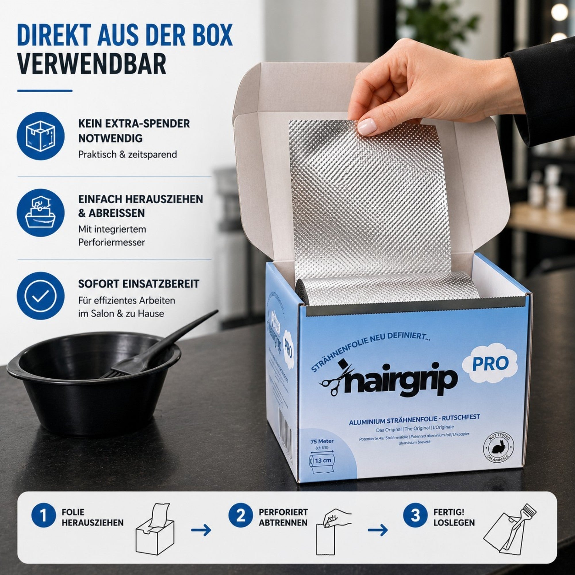 HairGrip PRO 13cm Alu Strähnenfolie, rutschfest, 13cm breit, für langes dickes Haar