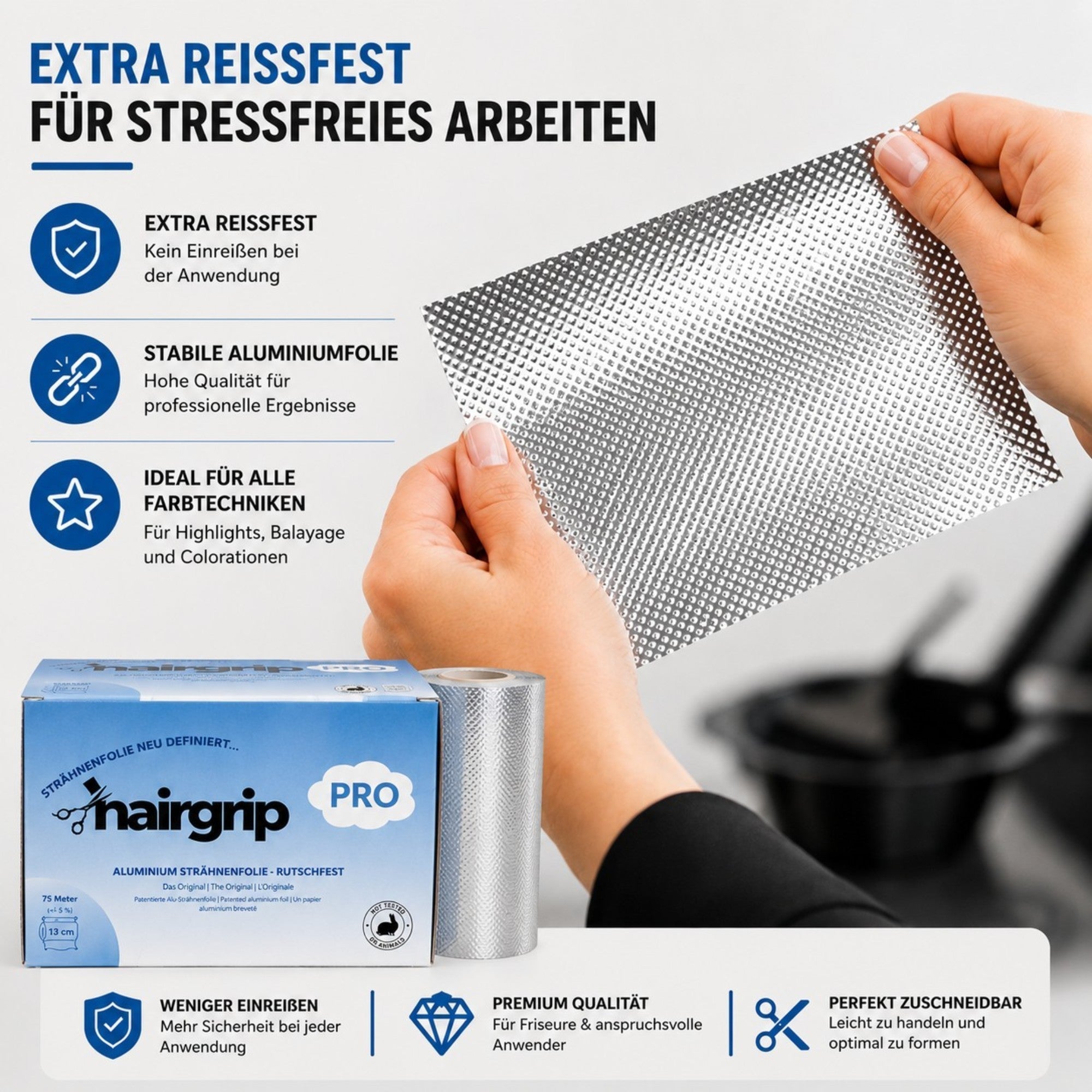 HairGrip PRO 13cm Alu Strähnenfolie, rutschfest, 13cm breit, für langes dickes Haar