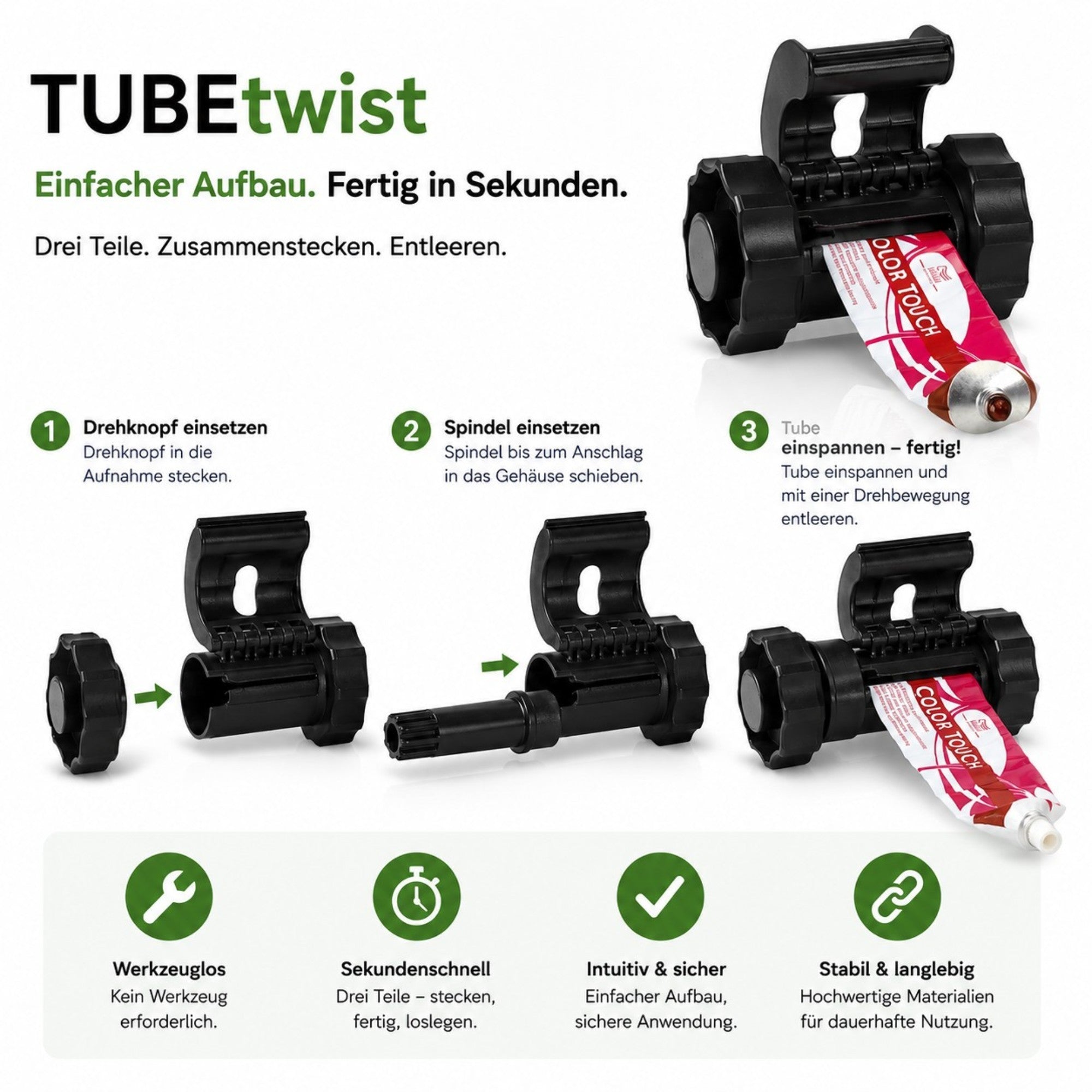 TUBEtwist Tubenpresse die den Tubenkopf entleert, bis zu 9%mehr aus einer Tube rausholen