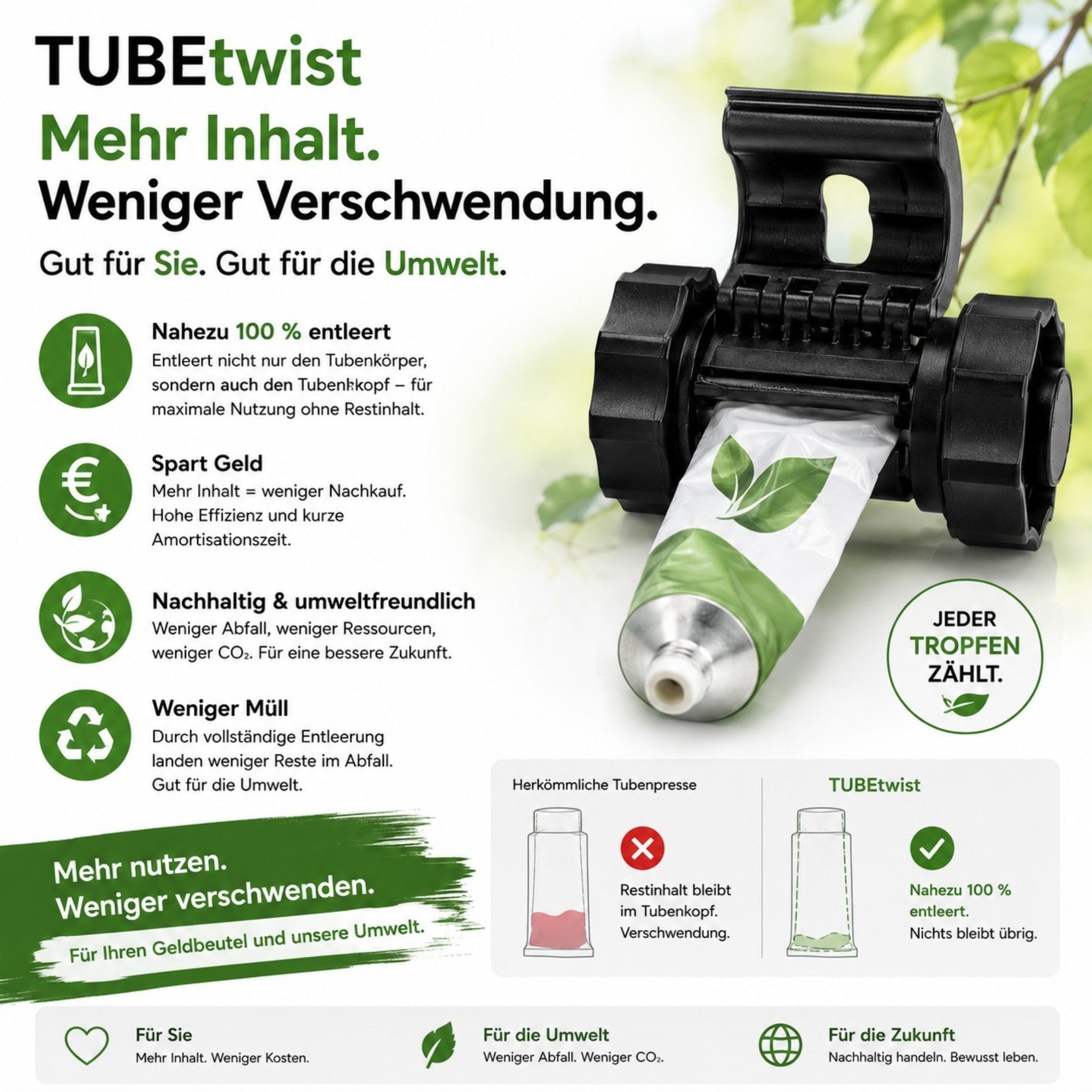TUBEtwist Tubenpresse die den Tubenkopf entleert, bis zu 9%mehr aus einer Tube rausholen