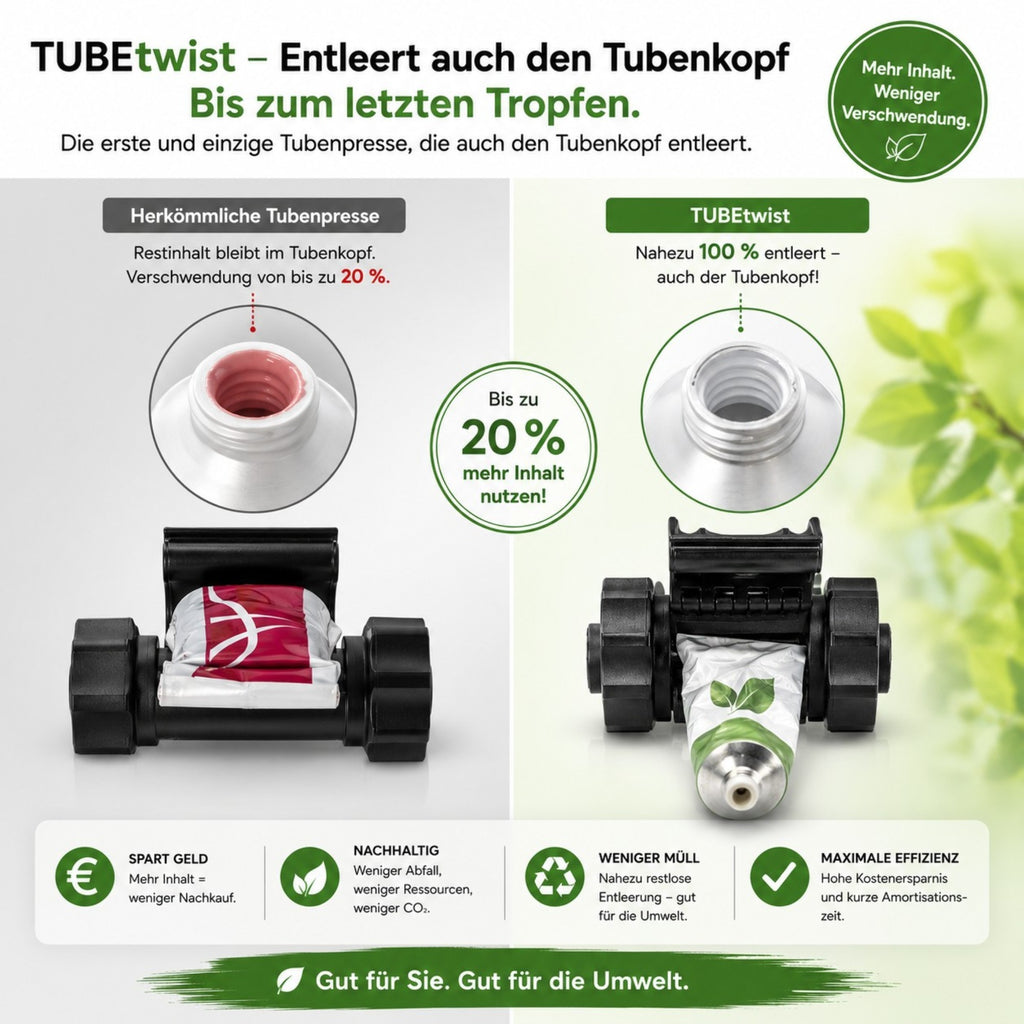 TUBEtwist Tubenpresse die den Tubenkopf entleert, bis zu 9%mehr aus einer Tube rausholen