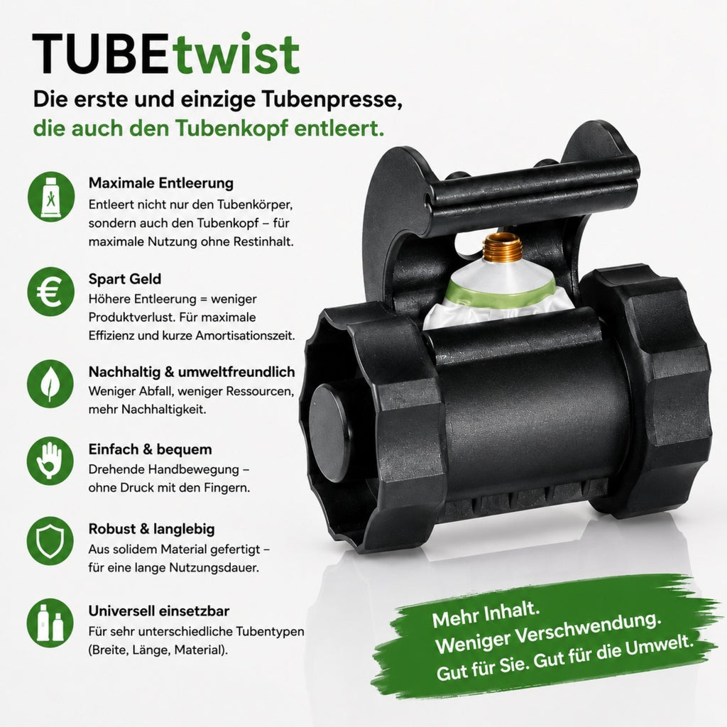 TUBEtwist Tubenpresse die den Tubenkopf entleert, bis zu 9%mehr aus einer Tube rausholen