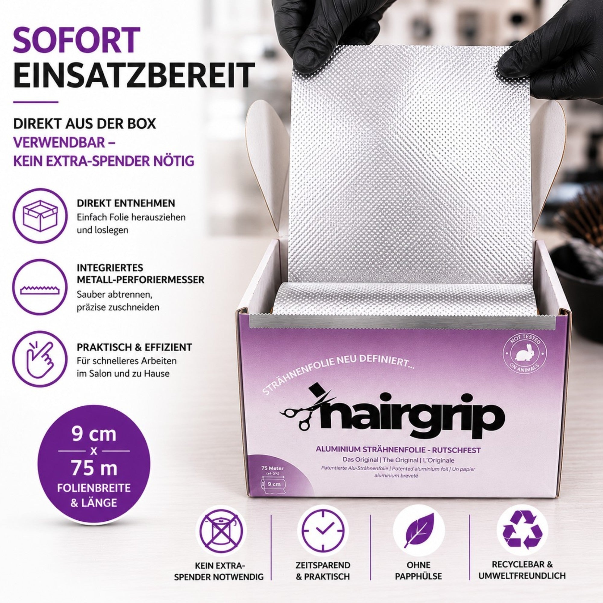 HairGrip 9cm breit Alu Strähnenfoplie, rutschfest 9cm breit für feines dünnes Haar 75m